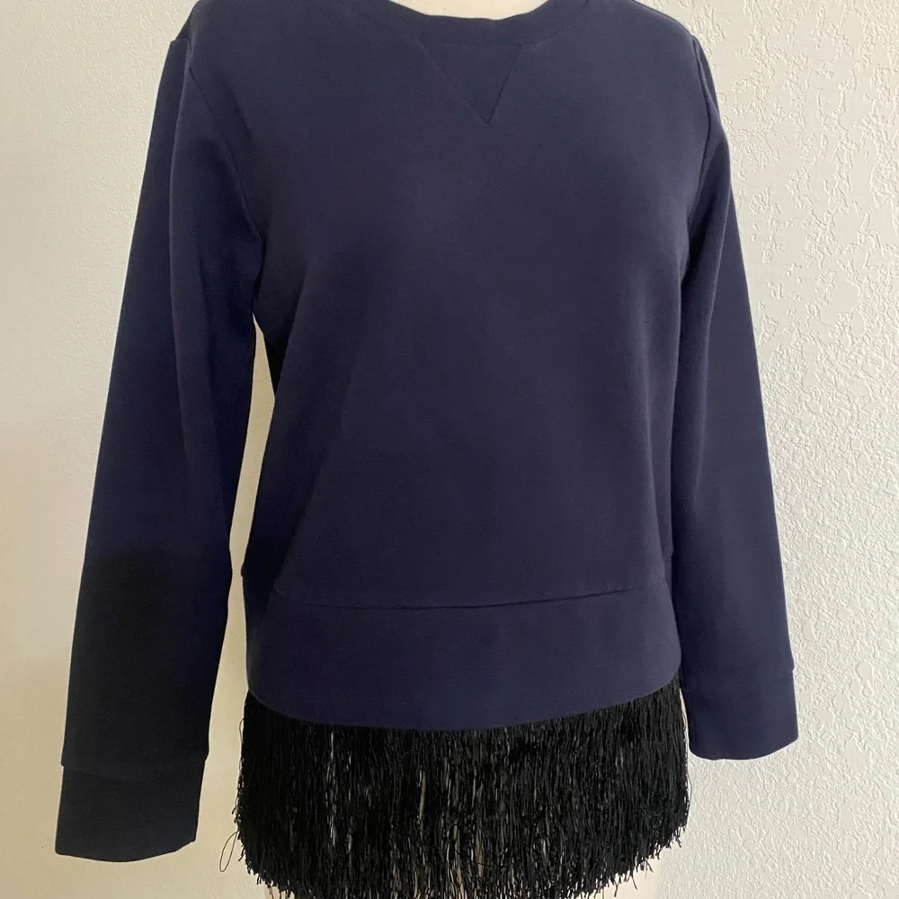 J Crew Navy‎ Blue Sweatshirt Women’s  Crew Neck With Fringes Details Size XS